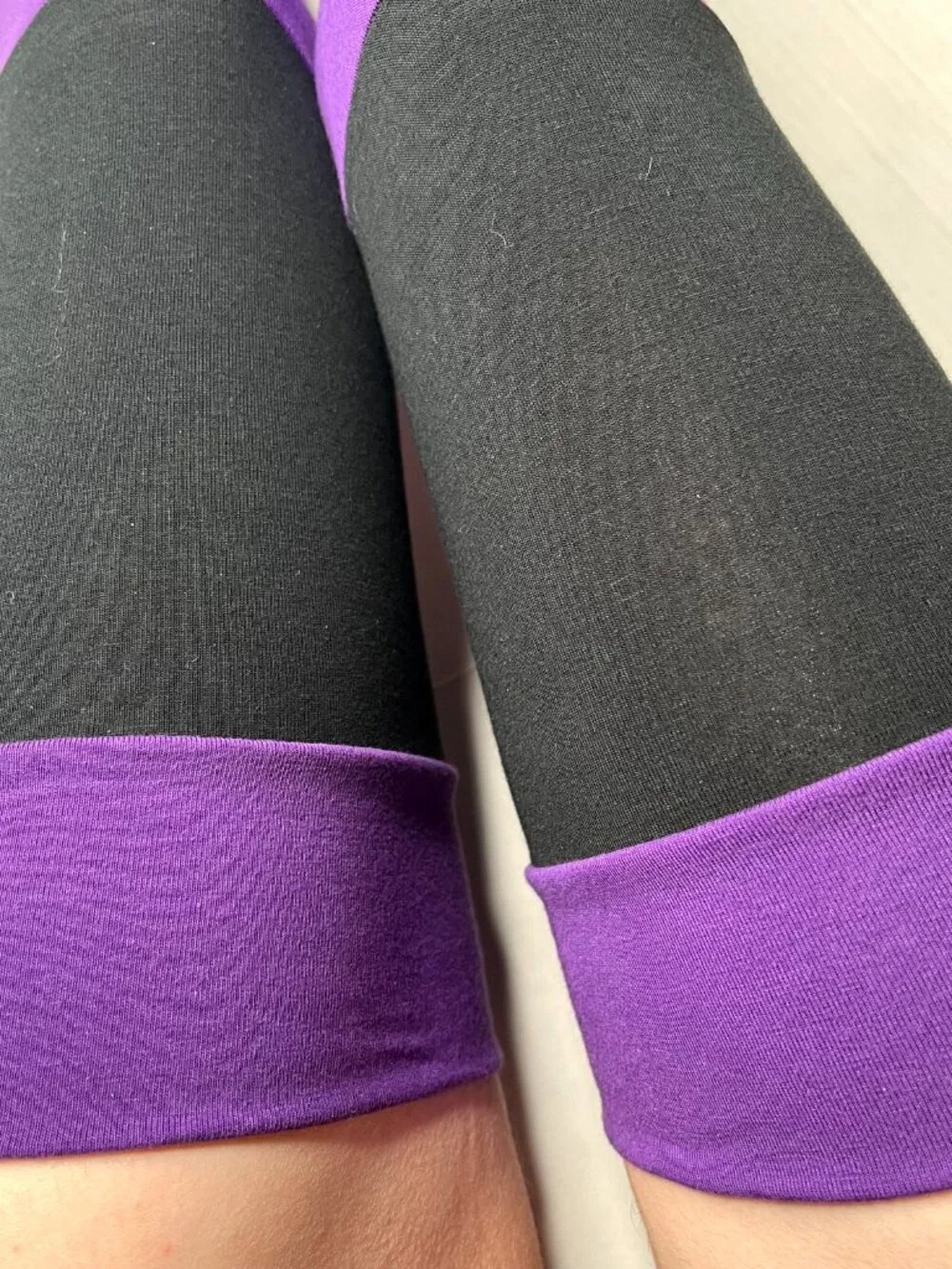 ORGANIC COTTON Striped Leg Warmers Black Purple Patchwork Leggings Knee Socks OS